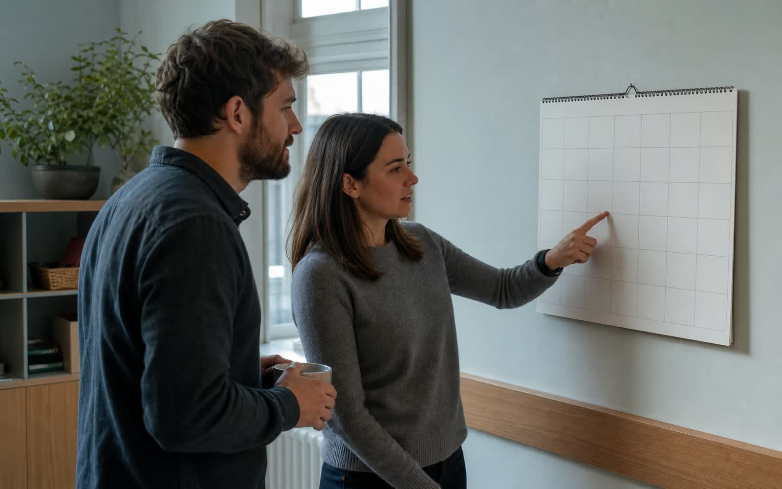 Symbolbild: Zwei Menschen stehen an einem Wandkalender und stimmen einen Termin ab, eine Hand zeigt auf einen Tag, keine lesbaren Daten