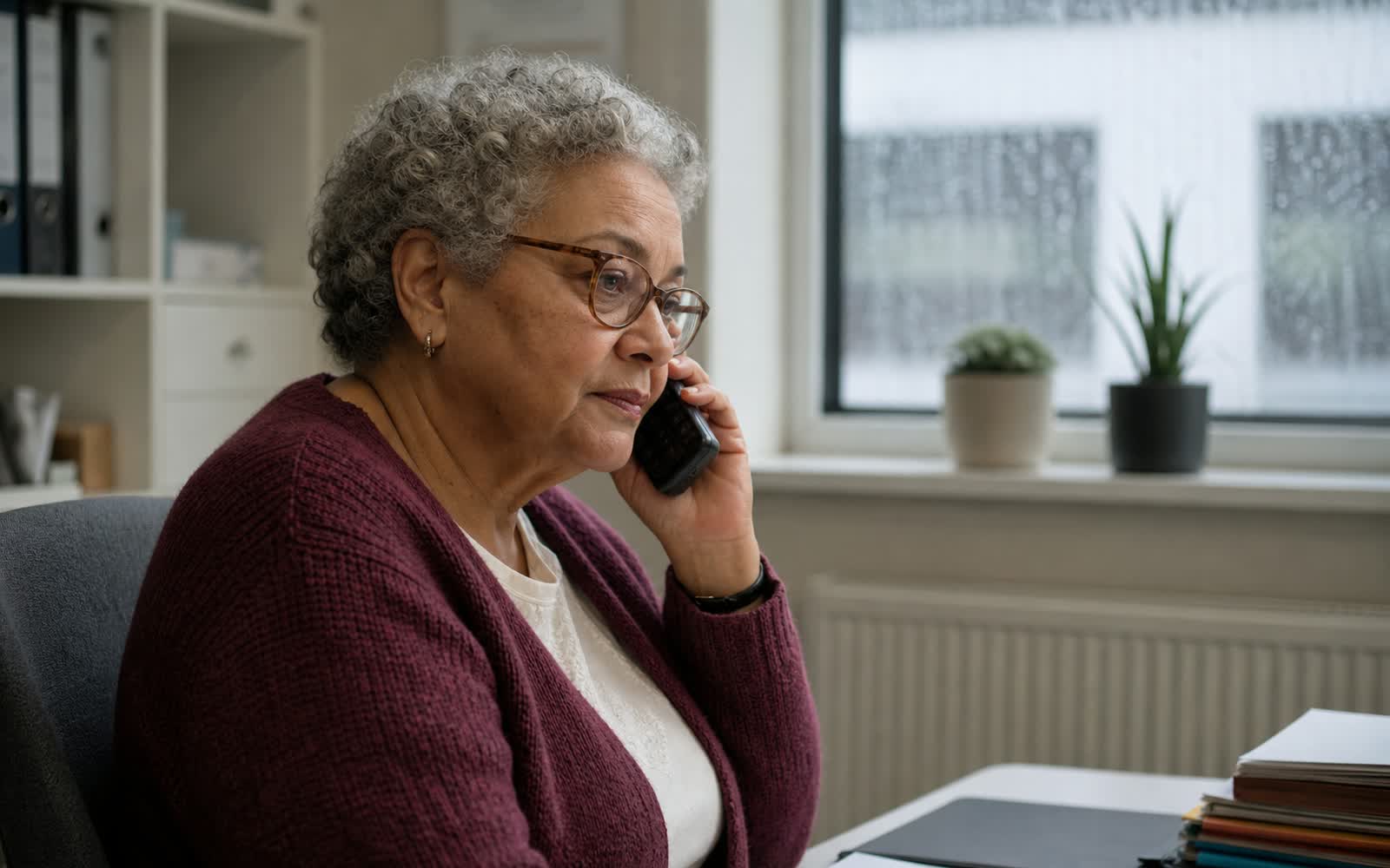 Eine ältere Frau mit grauem Haar und Brille telefoniert ruhig im Halbprofil an einem Bürofenster mit Regentropfen