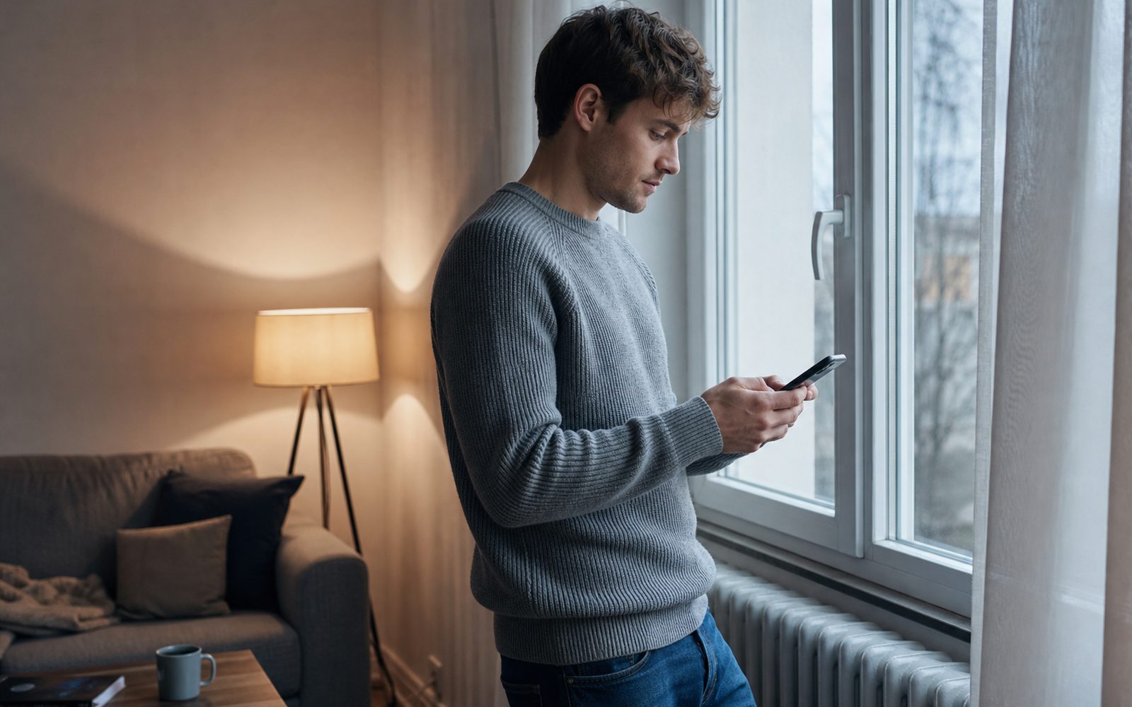 Symbolbild: Person nutzt am Fenster ruhig ein Smartphone, Bildschirm abgewandt und unlesbar