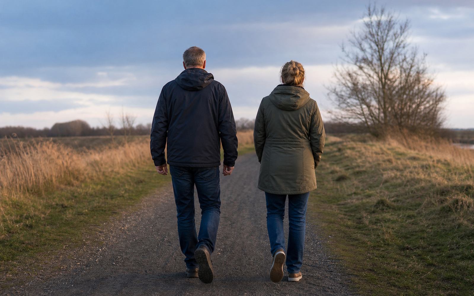 Symbolbild: Zwei Personen gehen entspannt von hinten einen Weg im Abendlicht entlang