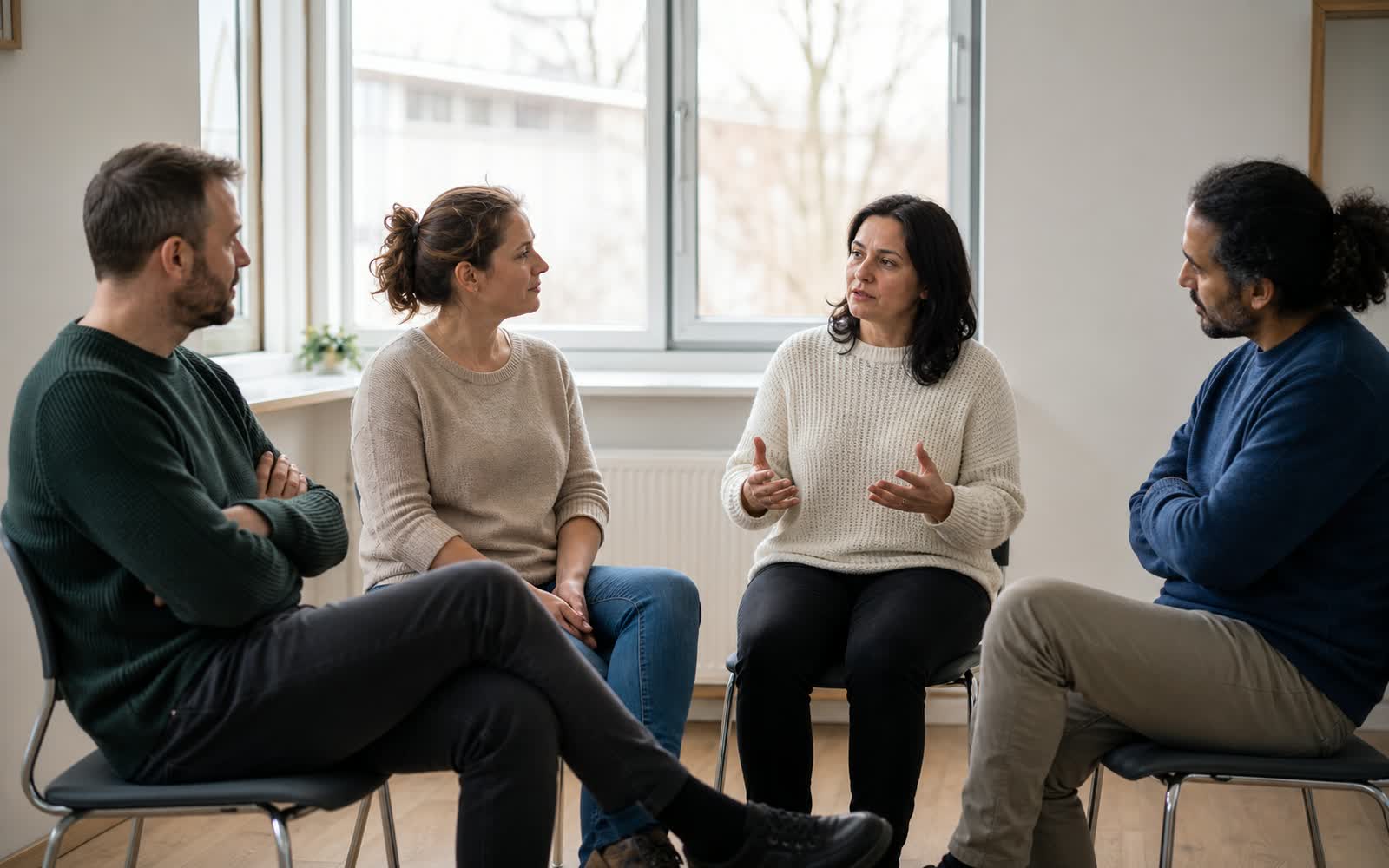 Symbolbild: Vier Menschen sitzen im Halbkreis in einem hellen Besprechungsraum, jemand spricht, die anderen hören zu, Fensterfront im Rücken